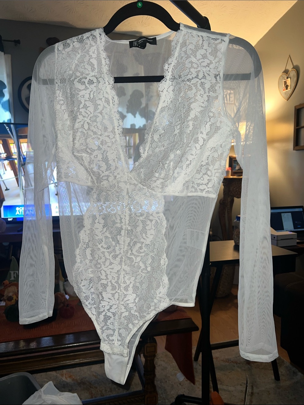 INC International Concepts White Lace Long-Sleeve V-Neck Bodysuit